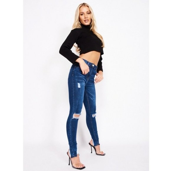 Blue High Waist Ripped Distressed Split Hem Skinny Jeans Denim Pants - Picture 4 of 13
